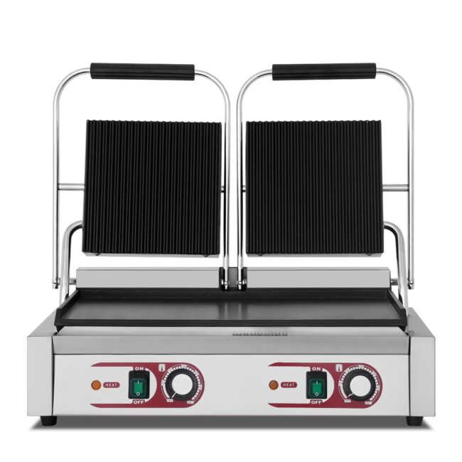 Versatile Panini Griddle Double Plates with Top Grooves and Bottom Flat Surfaces