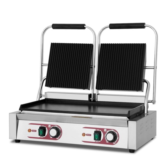 Versatile Panini Griddle Double Plates with Top Grooves and Bottom Flat Surfaces