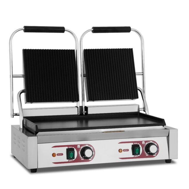 Versatile Panini Griddle Double Plates with Top Grooves and Bottom Flat Surfaces